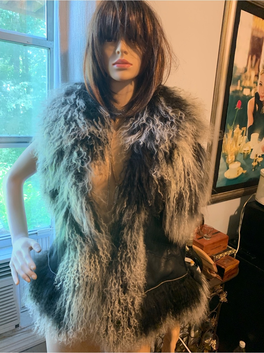Patrizia Luca Black and Cream Curly Mongolian Fur and Lambskin Vest